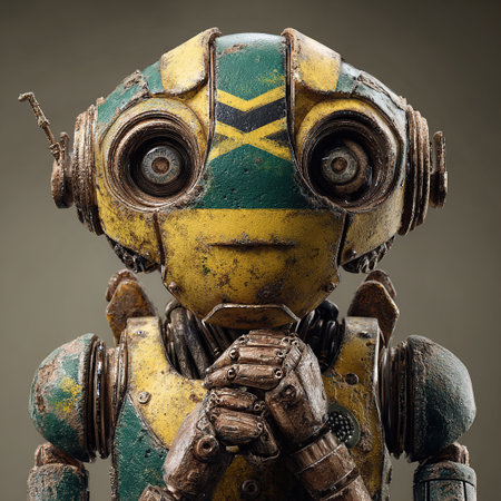 Rusty futuristic robot with jamaican flag pattern face looking forwardの素材