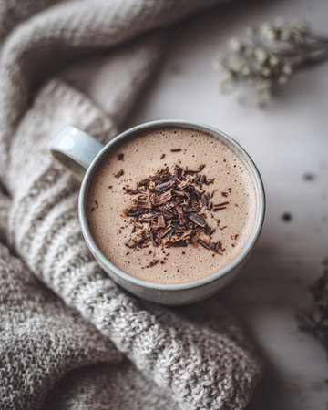 Warm hot chocolate topped with chocolate shavings, resting on a cozy knitted blanketの素材