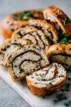 Sliced savory swirl bread with herb filling and chopped greens on a marble boardの素材
