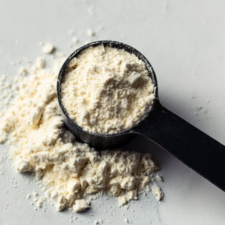 Protein powder filling scoop and spilling on white background for health and fitnessの素材