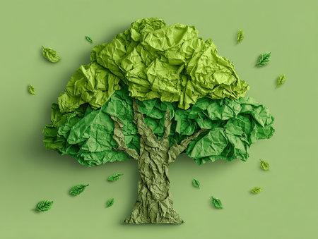 Crumpled green paper tree and leaves symbolizing nature, recycling, and environmental careの素材