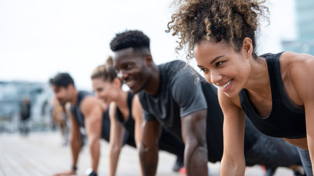 Diverse group of young athletes smiling while doing planks during an outdoor training sessionの素材