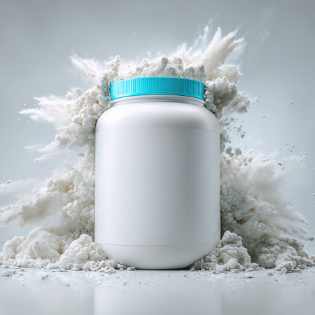 White supplement jar with a blue lid among exploding protein powderの素材