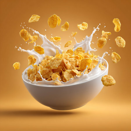 Corn flakes and milk creating a dynamic splash in a floating breakfast bowlの素材