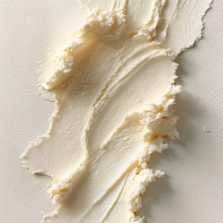 Vanilla ice cream creating a textured smear on a light backgroundの素材