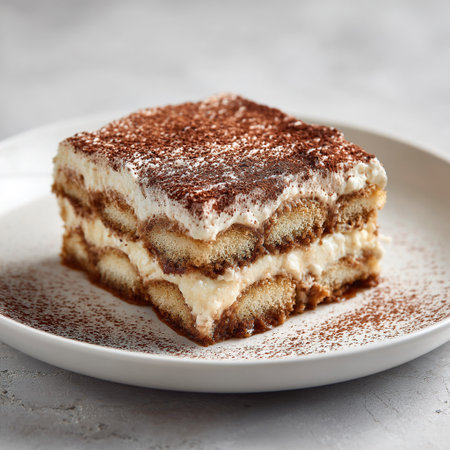 Tiramisu dessert serving on a white plate with cocoa powderの素材