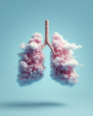Human respiratory system represented by fluffy pink clouds forming lungs with a tracheaの素材