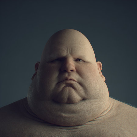 Sad bald man with double chin showing worry on faceの素材