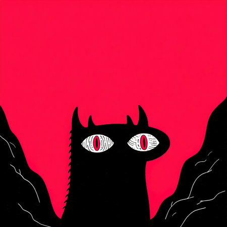 Black monster with glowing red eyes and horns peeking from bottom, scary playful illustrationの素材