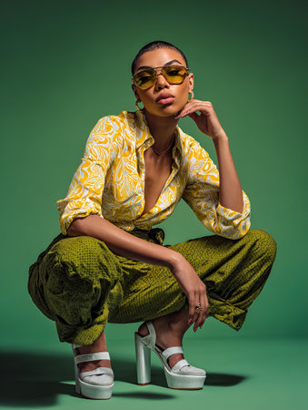 Confident multiracial woman in stylish green and yellow outfit squatting in studioの素材