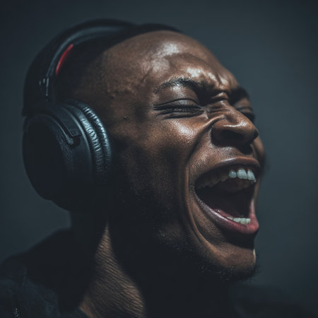 Man screaming with intense emotion and passion while wearing headphonesの素材