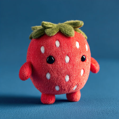 Strawberry plush toy standing on a blue surface, representing cuteness and joyの素材