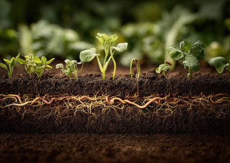 Seedlings developing with visible roots and earthworms in fertile soilの素材