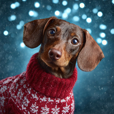 Dachshund dog wearing a festive red sweater with snowflakes, looking at the cameraの素材