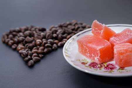 Rahat  locum with coffee beans in heart shapeの写真素材