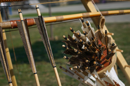 Old style wooden arrows in the case of an archerの写真素材