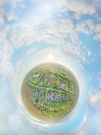 360 spherical panorama planet of village drone footage