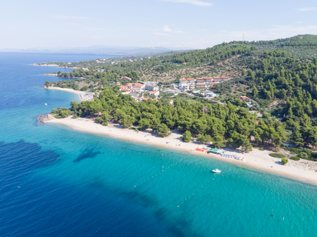 Drone aerial view of sea shore, sandy beach and blue water.の写真素材