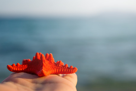 Red starfish on the palm of your hand. Blurred blue sea on background.