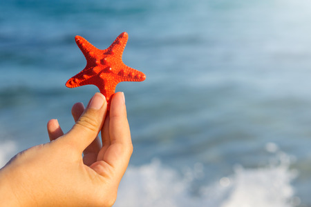 Red starfish in hand. Blurred blue sea on background.の写真素材