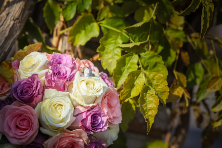 White silver wedding rings on bouquet of pink and white rosesの写真素材