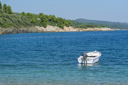 Small white blue motorized boat anchored on the shore.の写真素材