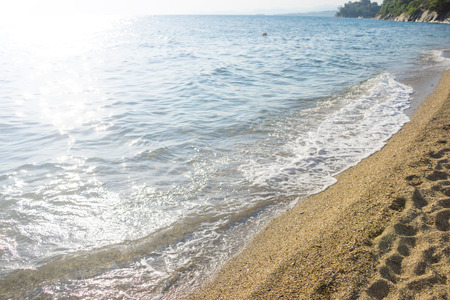 Blue sea water waves and sandy beach with trees.の写真素材