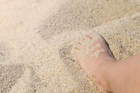 Close up of female feet on a hot sand on the beach.の写真素材