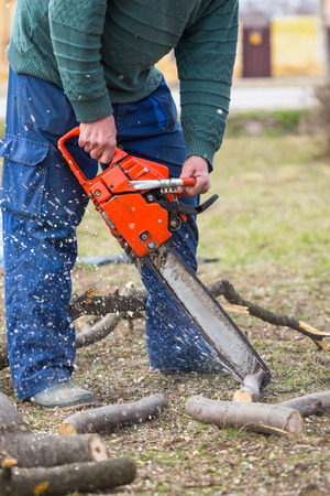 Old man holding orange chainsaw with his bare hands and cutting a branch placed on the ground. Orange chainsaw in action.の写真素材