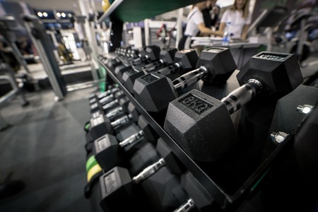 6 kilogram training one hand weight placed on shelf in gymの写真素材