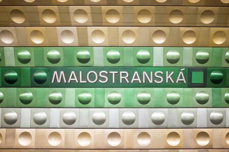 Prague, Czech Republic,23 July 2019; Malostranska station sign at metro. Urban scene, city life, public transport and traffic concept.のeditorial素材