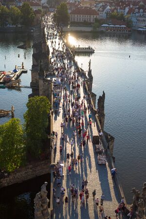 Prague, Czech Republic - July 24, 2019: Lot of tourists walking on Charles Bridge. Top view from Old Town Bridge Towerのeditorial素材
