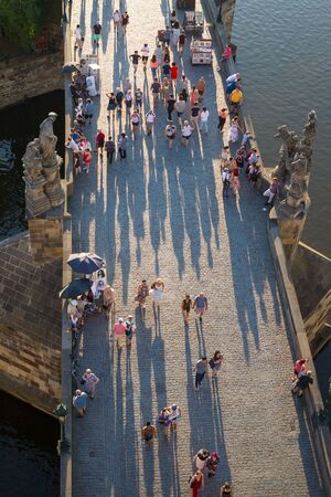 Prague, Czech Republic - July 24, 2019: Lot of tourists walking on Charles Bridge. Top view from Old Town Bridge Towerのeditorial素材