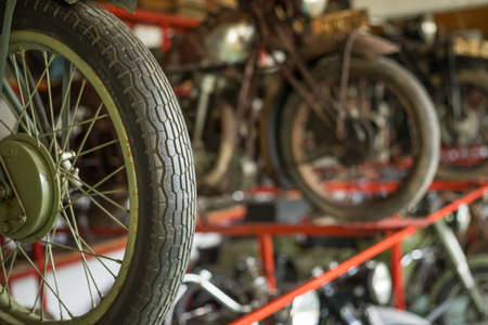 Pancevo, Serbia - September 27, 2019: Tire of Old timer motorcycle parked in collectors museum.
