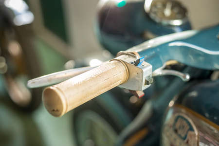 Pancevo, Serbia - September 27, 2019: Handle of Old timer motorcycle parked in collectors museum.のeditorial素材