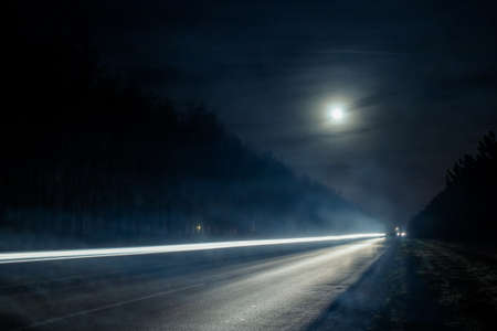 Light trails from vehicles traveling on rural road, surrounded by two rows of trees, late at night...