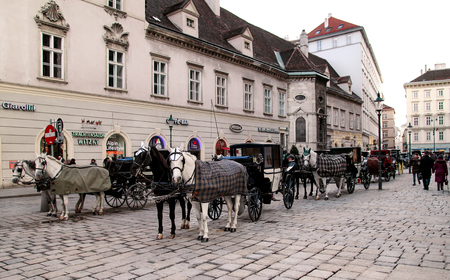 Vienna, Austria - January 15, 2016: Horses with carriages on the old streets of Vienna. Old coaches two horses on the old town square. Historical and tourist sign the Austrian capital.のeditorial素材
