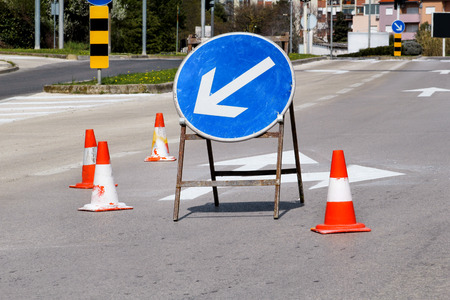 Work on the road. Street signs and road marking. Traffic signs for signaling. Road maintenance,...