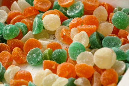 Different gelatin sweet fruit candy candies sugar.の写真素材