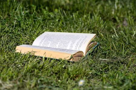 Open book on green grass in park beautiful natural environment, close up. Open book legit on grass.の写真素材