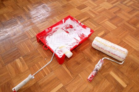 Wall painting equipment, tools and mess.の写真素材