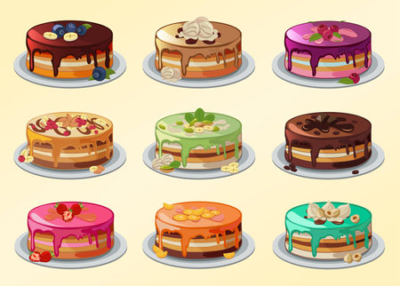 Big set of cakes in cartoon style.のイラスト素材
