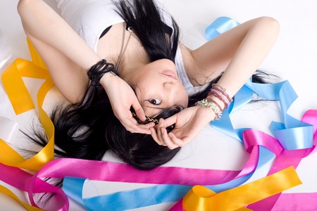 Portrait of a cute japanese hippieの写真素材