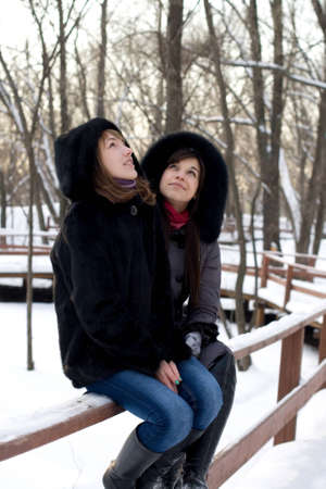 Two female friends walking in park in winterの写真素材