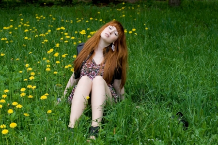 Girl sitting on a field of dandelionsの写真素材