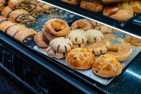 Turkish sweets biscuits pirochki rolls on a showcase in a shop in the marketの写真素材