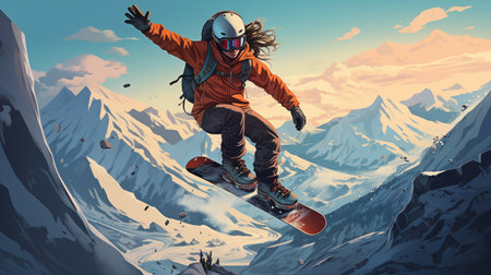 Drawing of a girl snowboarder in the mountains doing tricksの素材