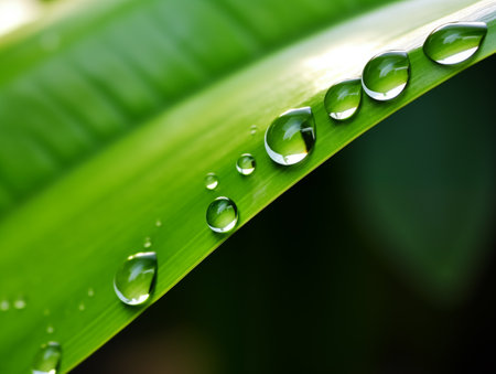 Drops of water on a green leaf. Generated by AIの素材