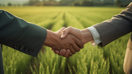 agreement handshake on the background of an agricultural fieldの素材