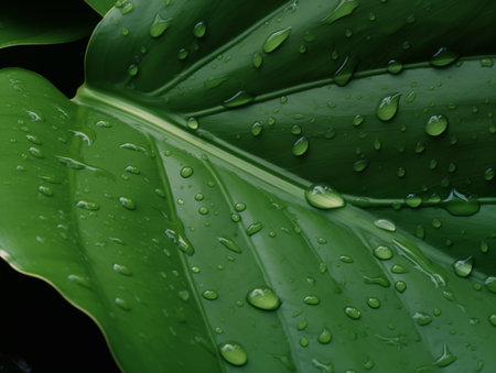 Drops of water on a green leaf. Generated by AIの素材